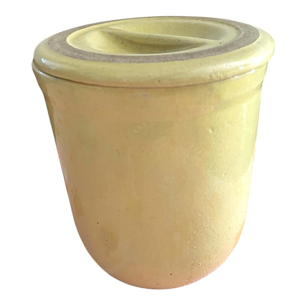 Vintage Yellow Glazed Crock w/Lid, Country Farmhouse USA